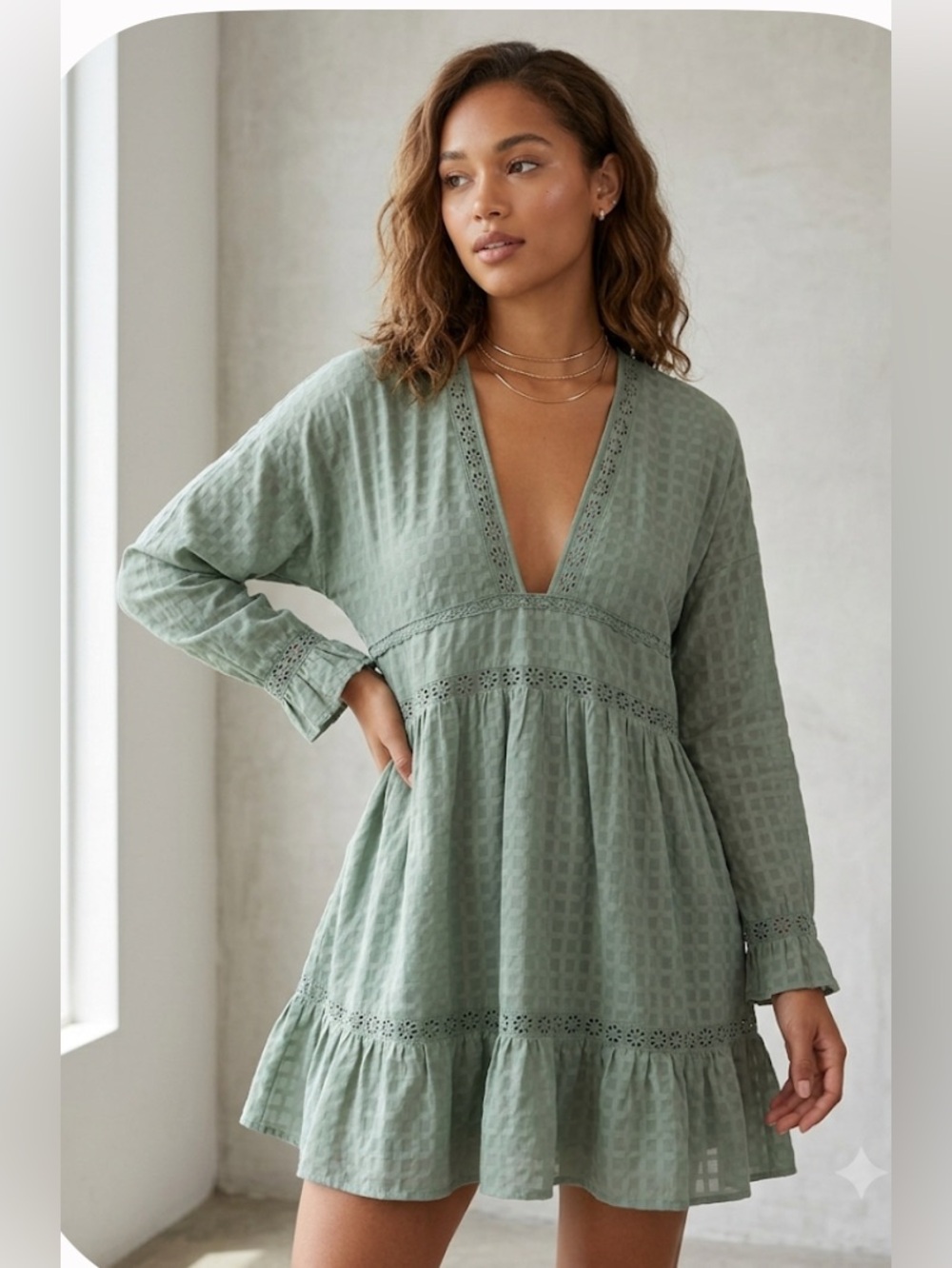 Women’s Long Sleeve Sage Green V-Neck Tiered Dress
